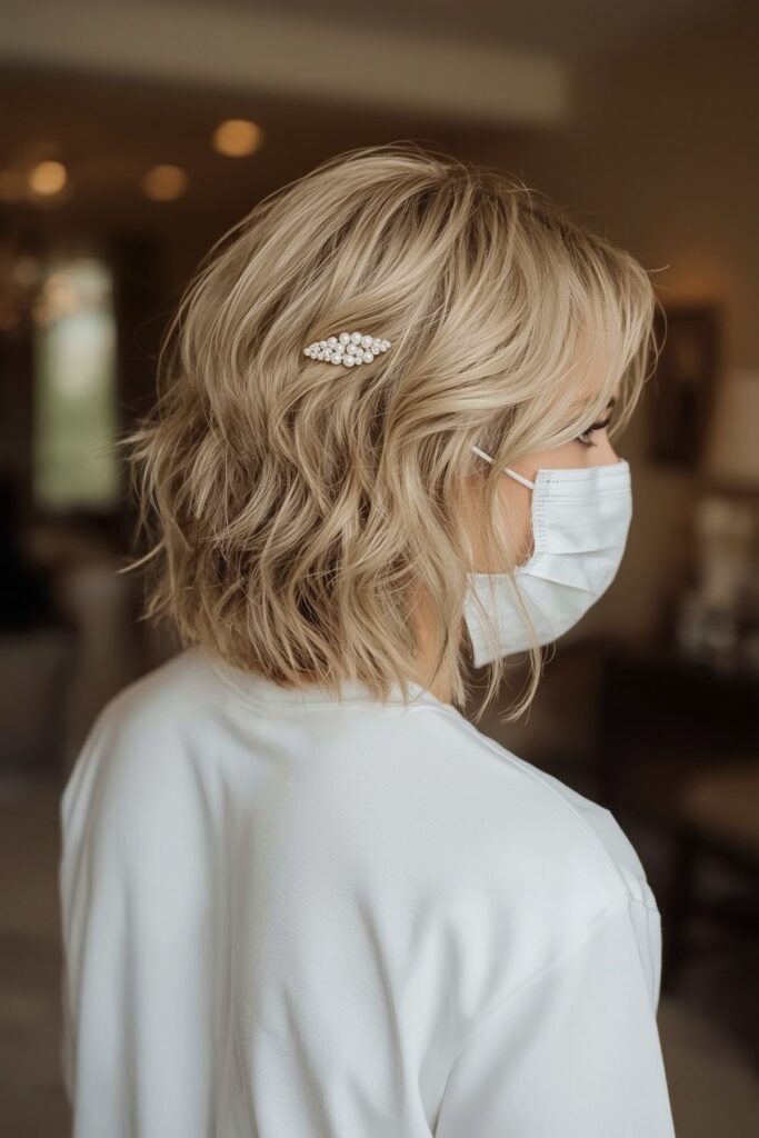  Soft Wavy Bob with Pearl Hair Clip
