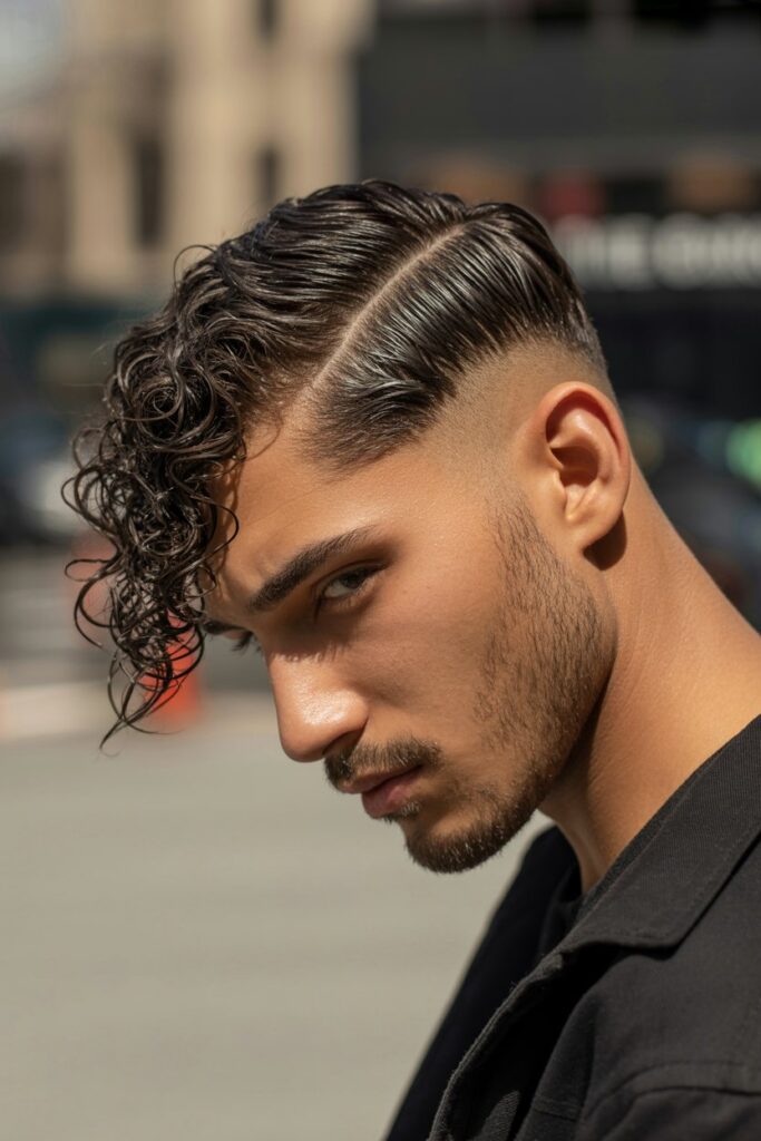 Curly Hair Side Part with Temple Fade
