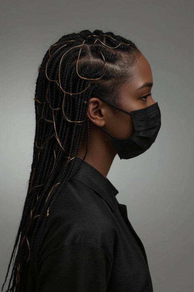 Swirled Cornrows with Gold Thread