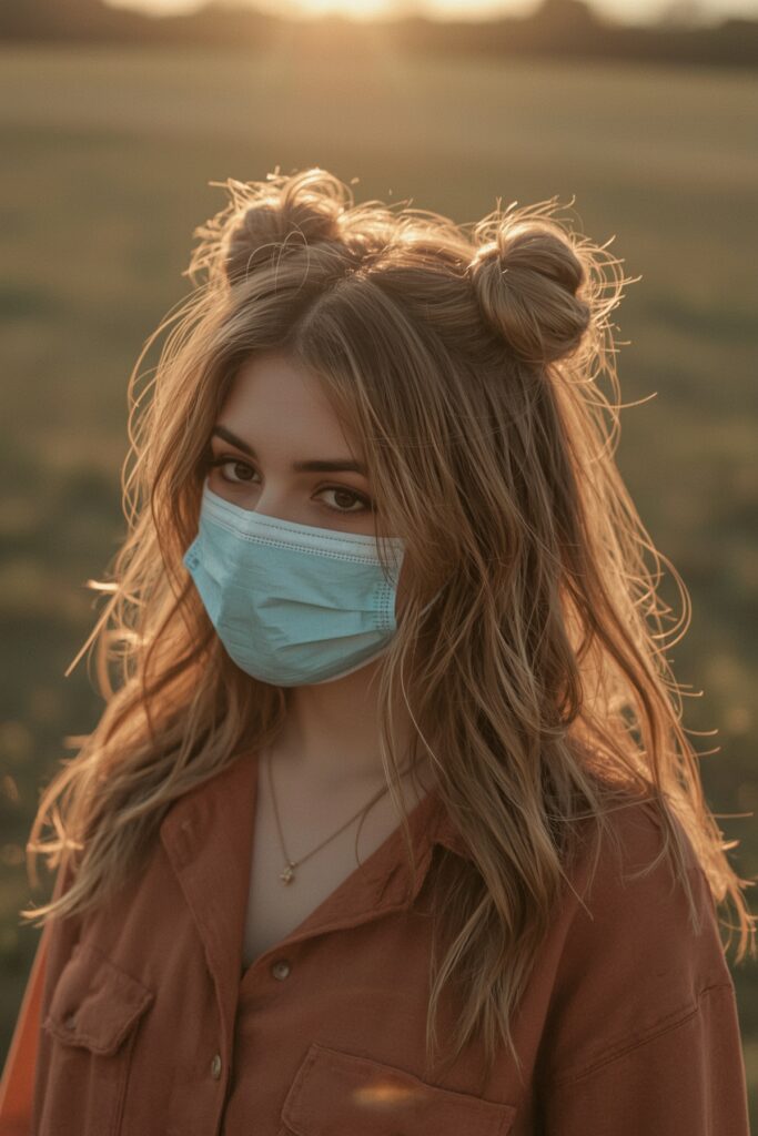 Half-Up Space Buns with Loose Curls
