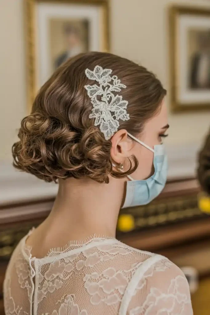 Short Curled Bob with Lace-Inspired Hairpiece
