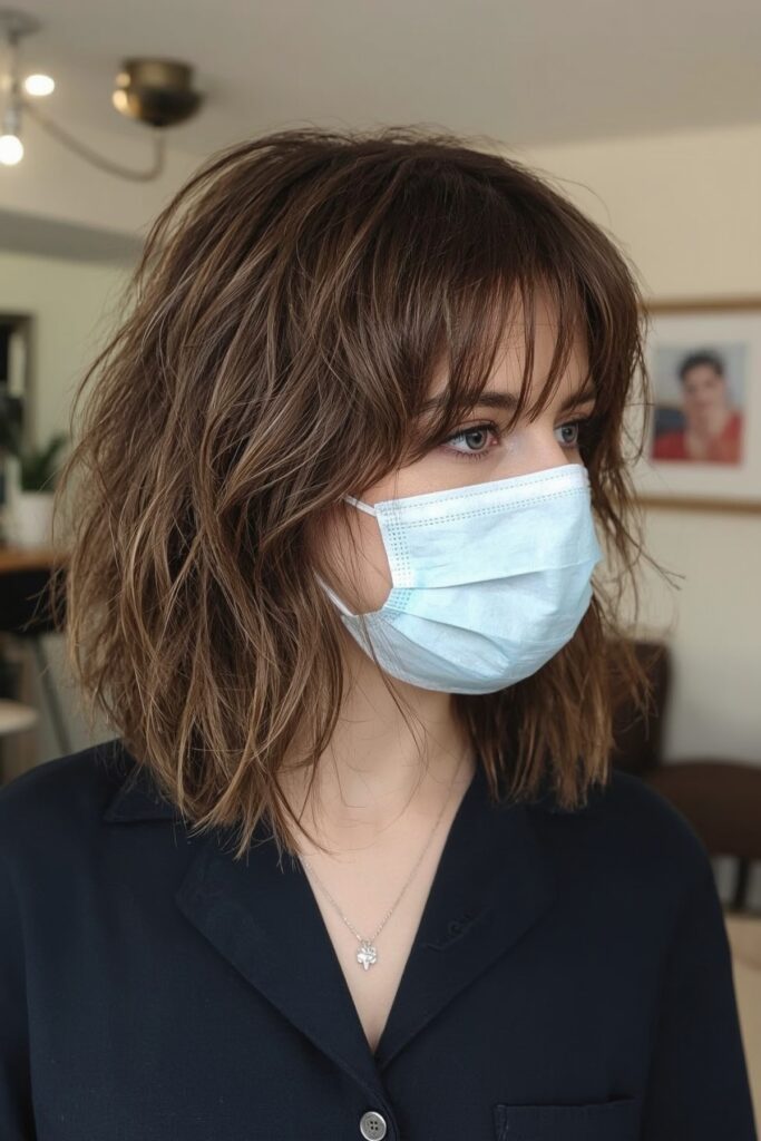 Layered Midi Haircut with Bangs
