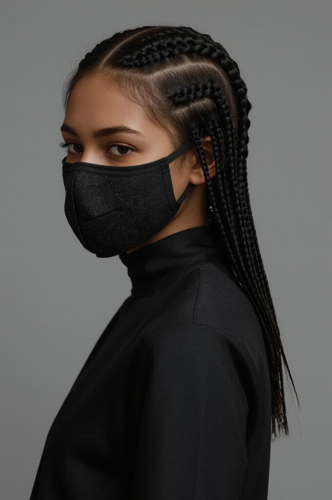 Side Part Stitch Braids with Geometric Lines