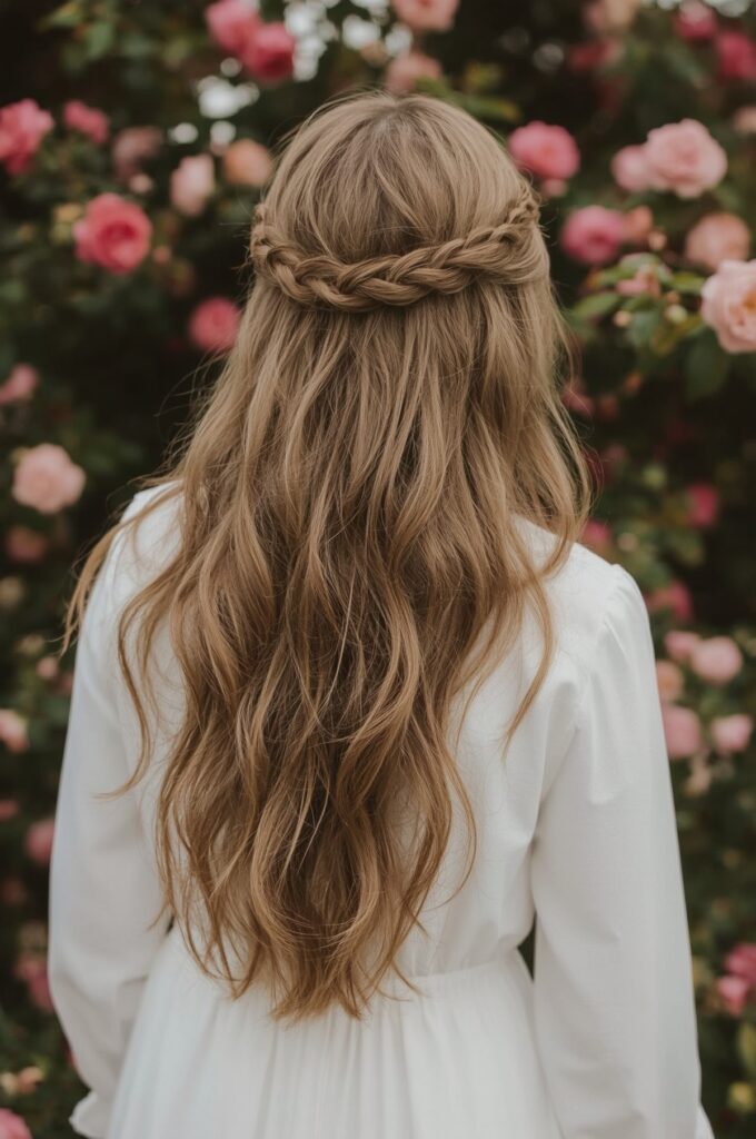Side Part Braided Crown with Loose Back Waves
