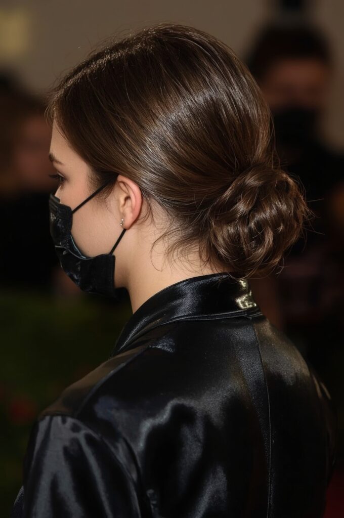 Sleek Side Part Curly Low Bun