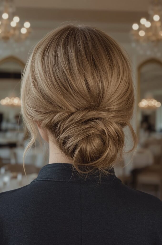 Wispy Bangs with Low Braided Bun