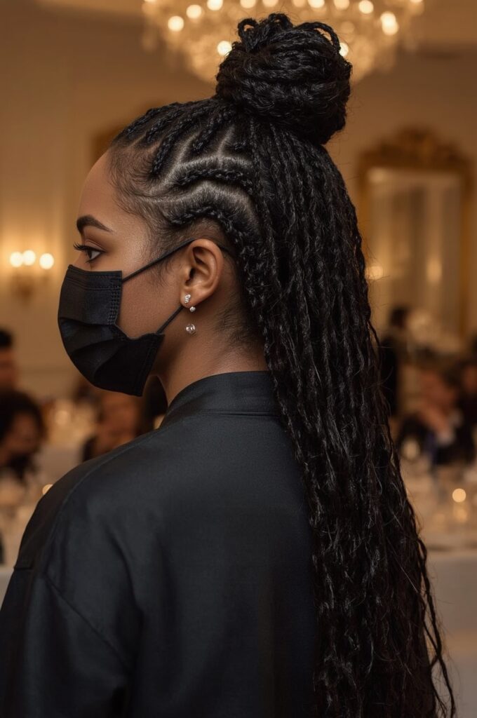 Side Part Zigzag Cornrows into Bun