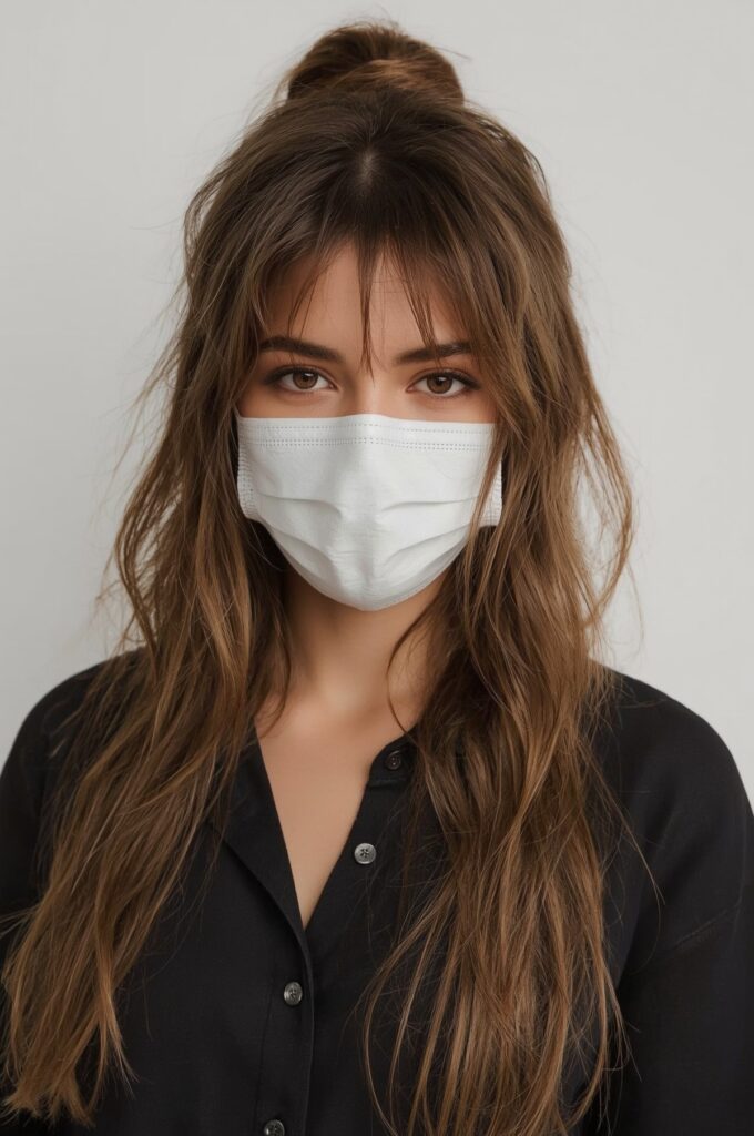 Wispy Bangs on Long Hair Styled with Half-Up Bun