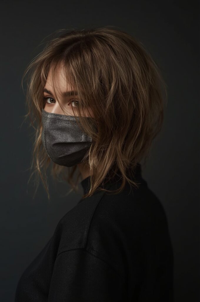 Wispy Bangs with Long Hair in a Sleek Low Bun