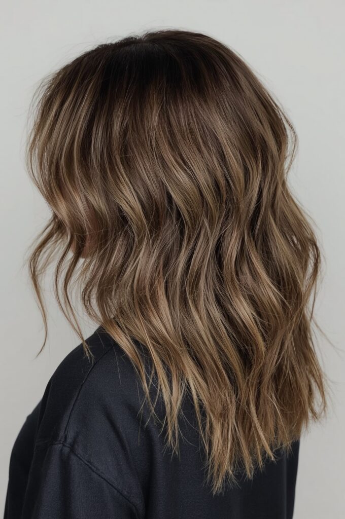 Long Wavy Layers with Asymmetrical Bangs